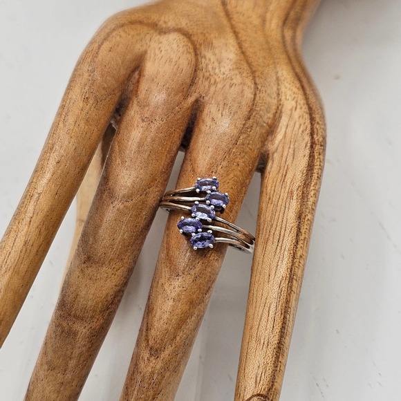 925 Sterling Silver Tanzanite Asymmetrical Ring 8.75 - Five Oval Gems 5x3mm - Picture 2 of 5